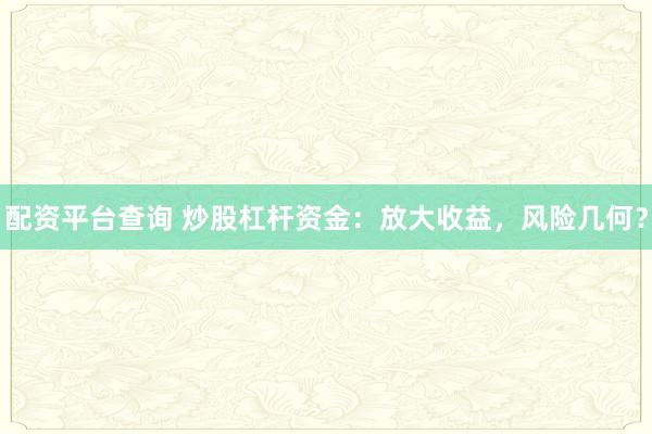 配资平台查询 炒股杠杆资金：放大收益，风险几何？