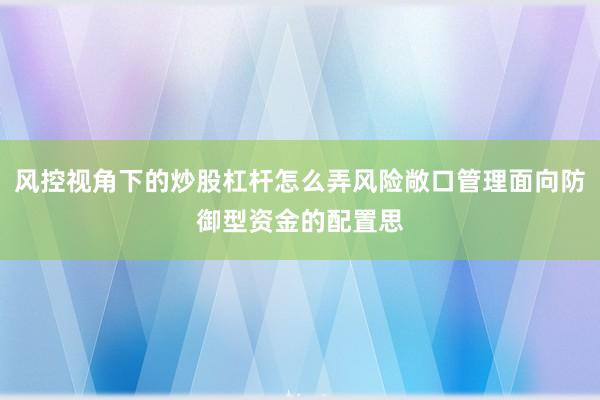 风控视角下的炒股杠杆怎么弄风险敞口管理面向防御型资金的配置思